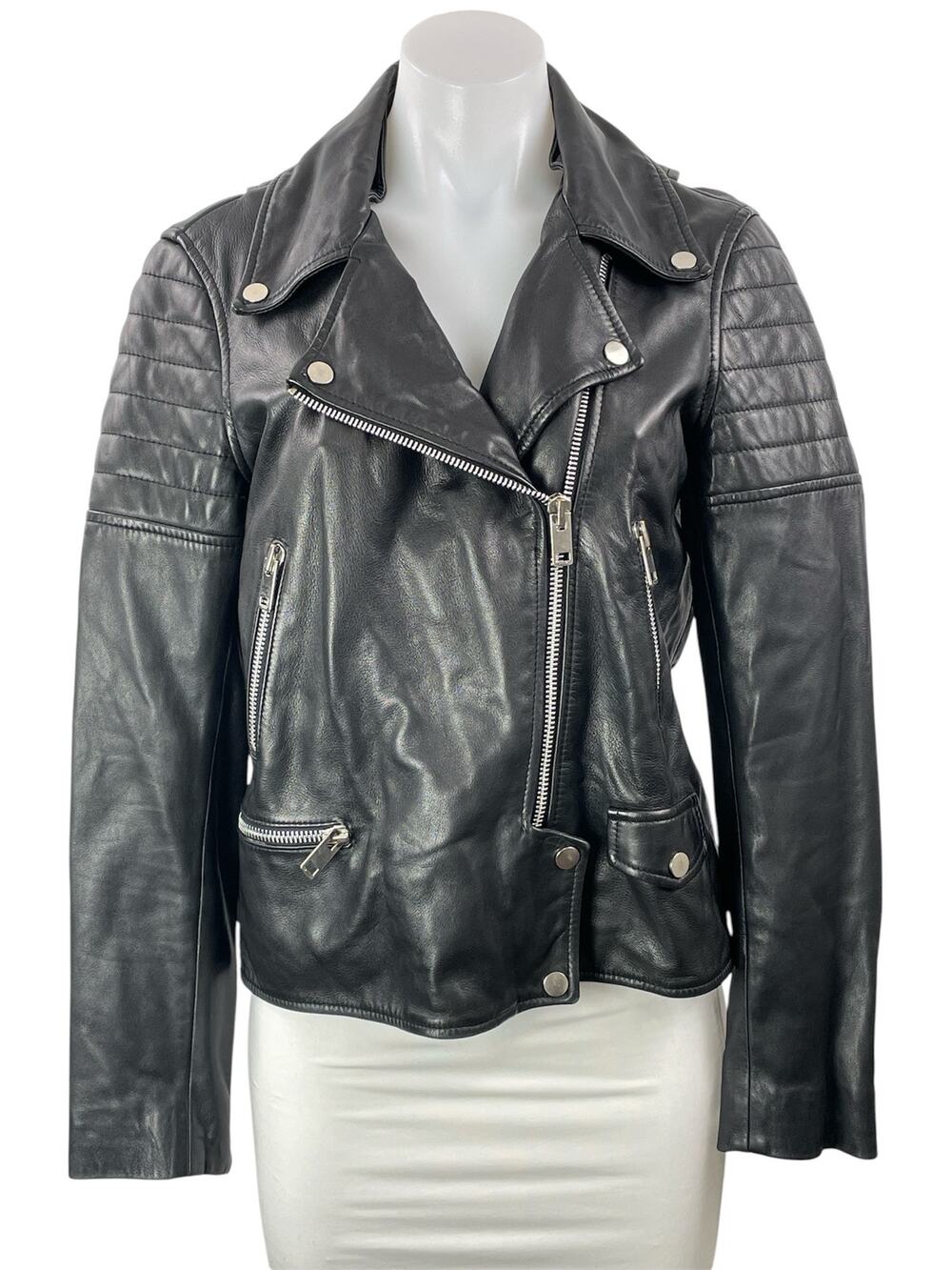 Walter Baker Women's Black Long Sleeves Leather Front Zip Biker Coat Jacket Sz S